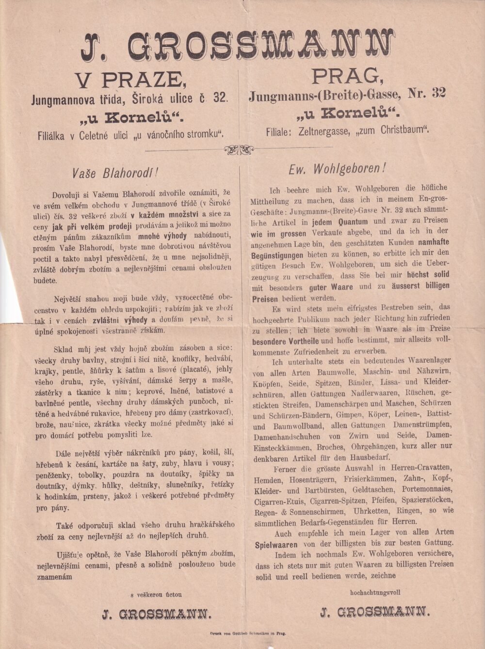 Leták koloniál J. Grossmann, Praha