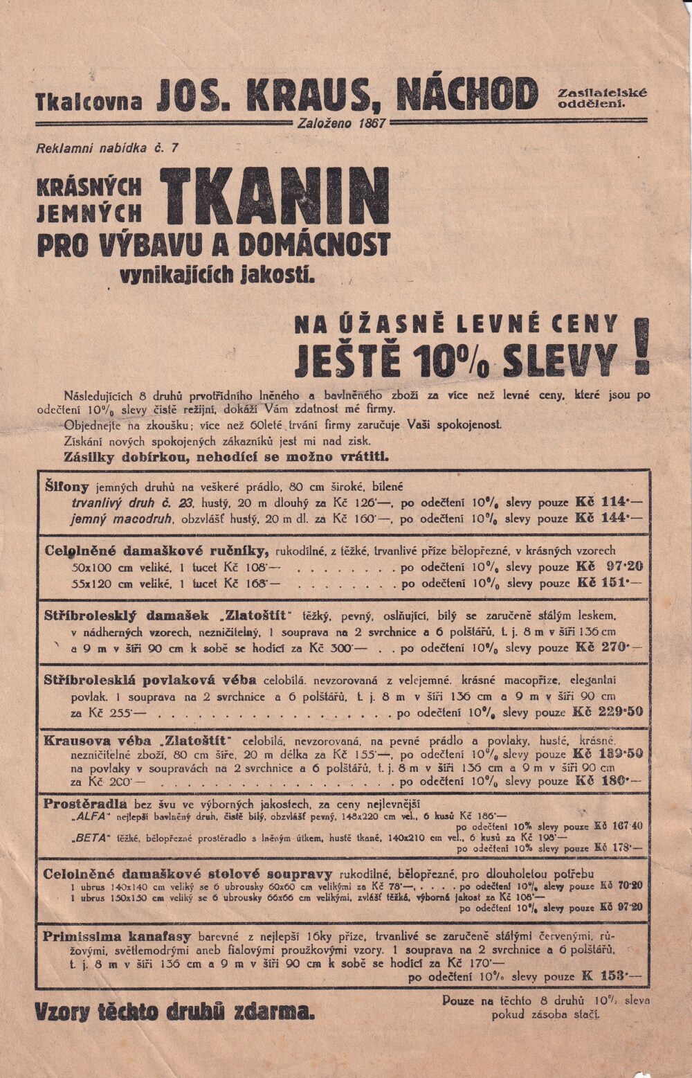 Leták tkalcovna Josef Kraus, Náchod