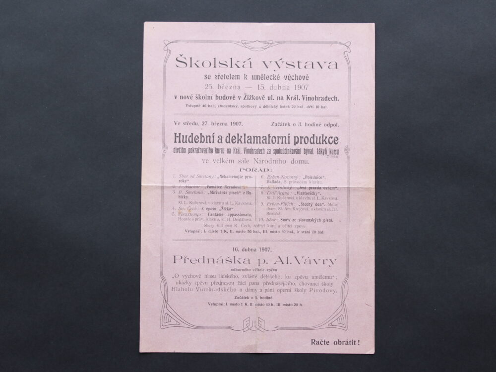 Leták Školská výstava a koncert, Praha