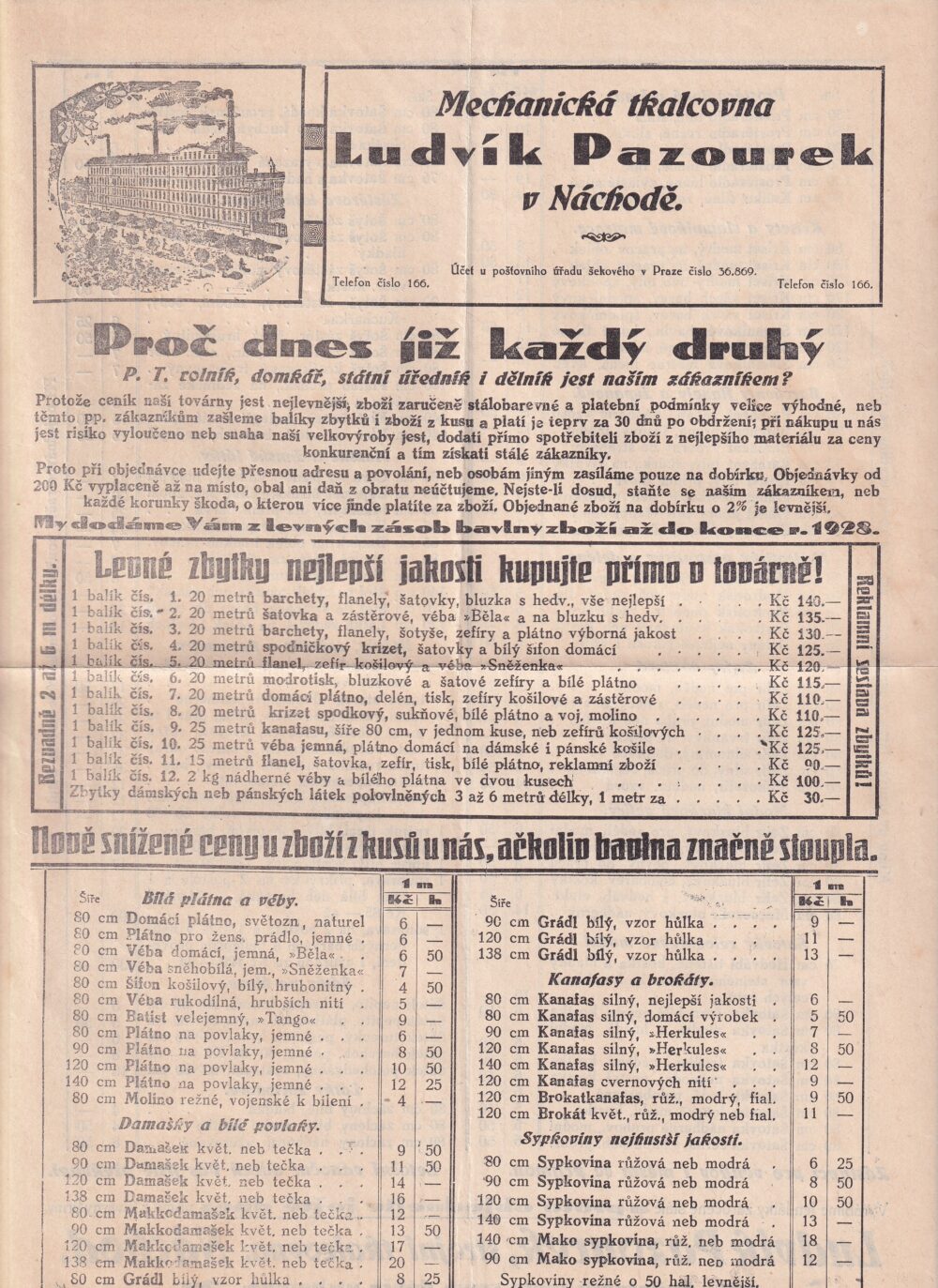 Leták tkalcovna Ludvík Pazourek, Náchod