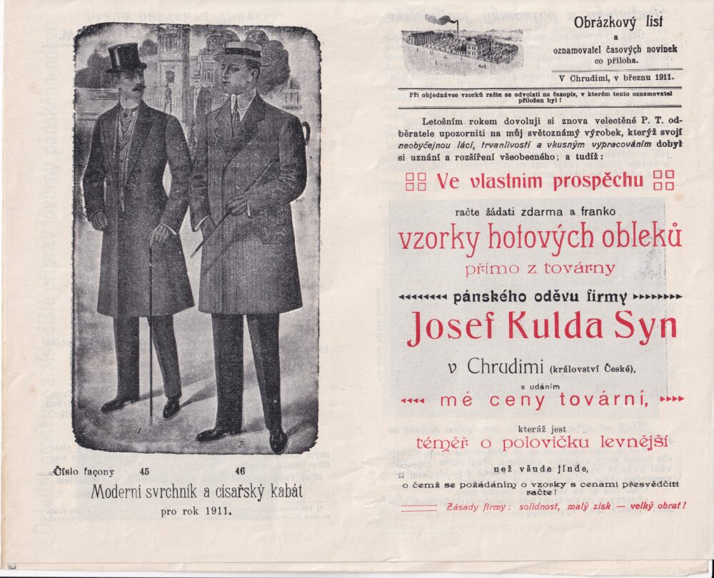 Leták pánské oděvy Josef Kulda, Chrudim