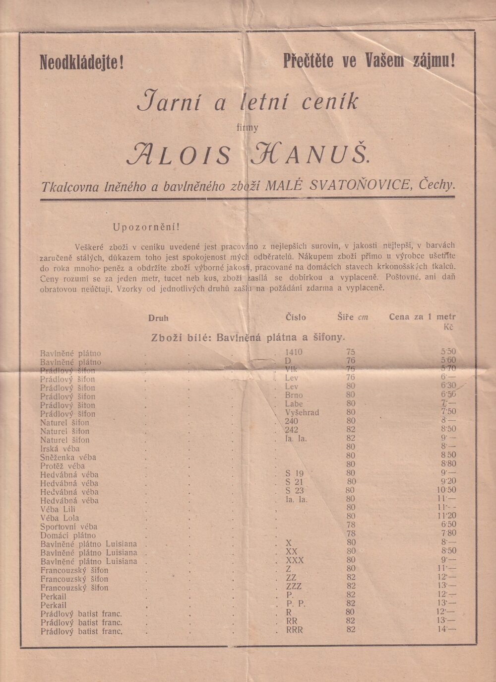 Leták tkalcovna Alois Hanuš, Malé Svatoňovice