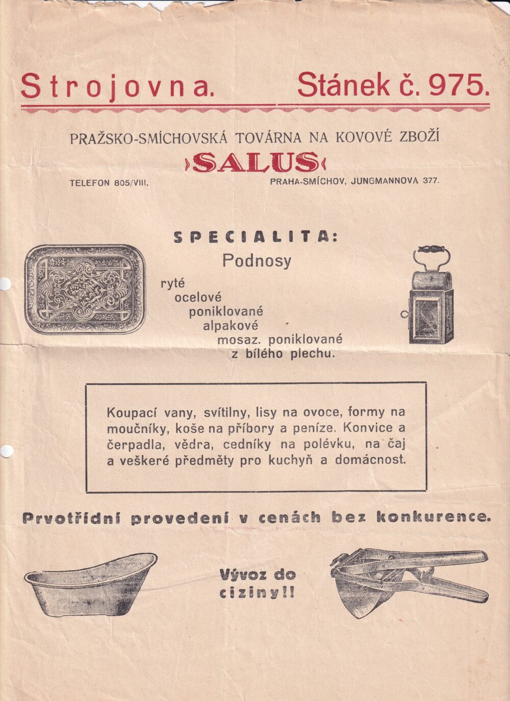 Leták kovové zboží Salus, Praha