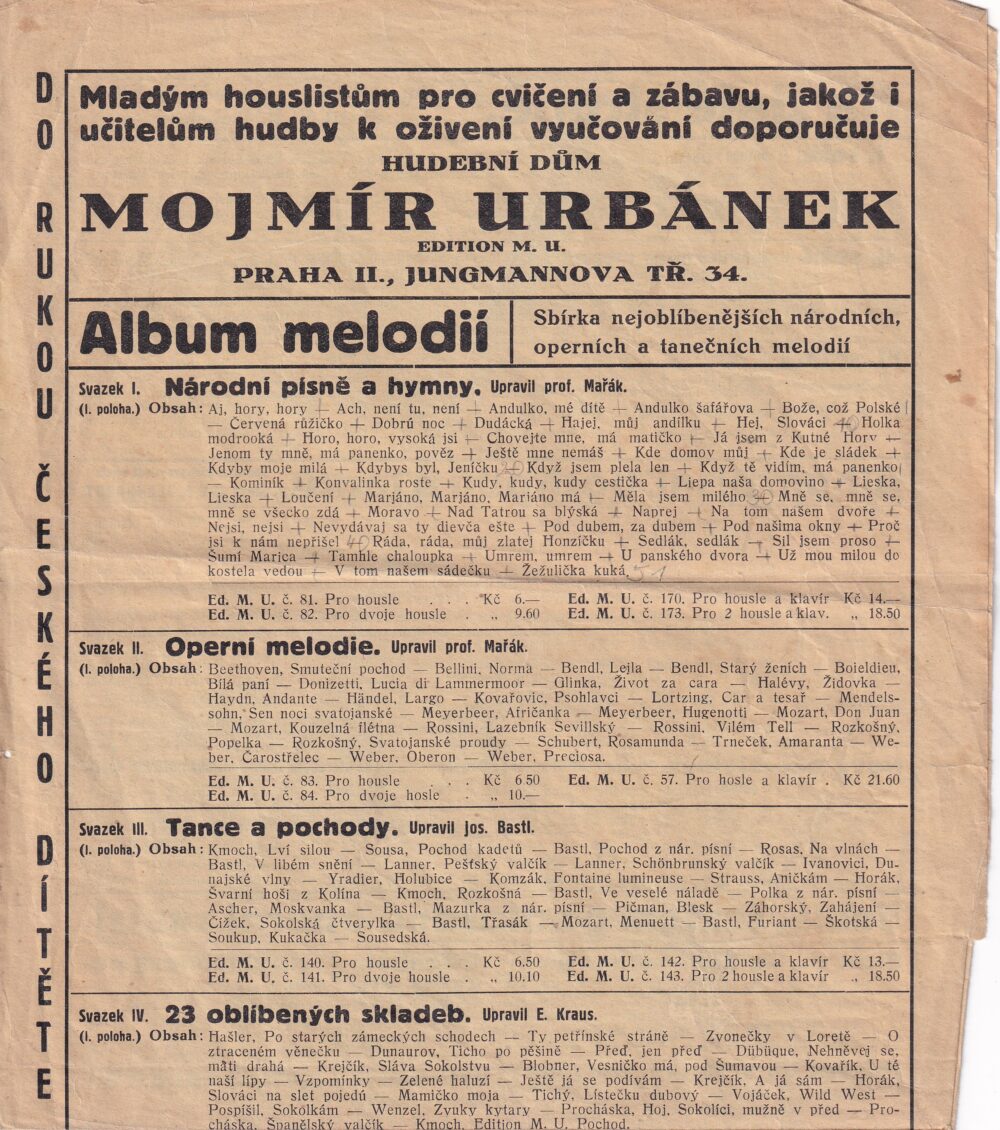 Leták hudeb. Vydavatelství M. Urbánek, Praha