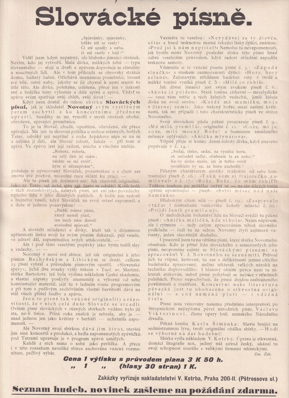 Leták Slovácké písně, V. Kotrba Praha