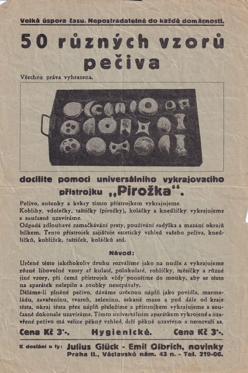 Leták vykrajovací přístroj Pirožka, Glück Praha