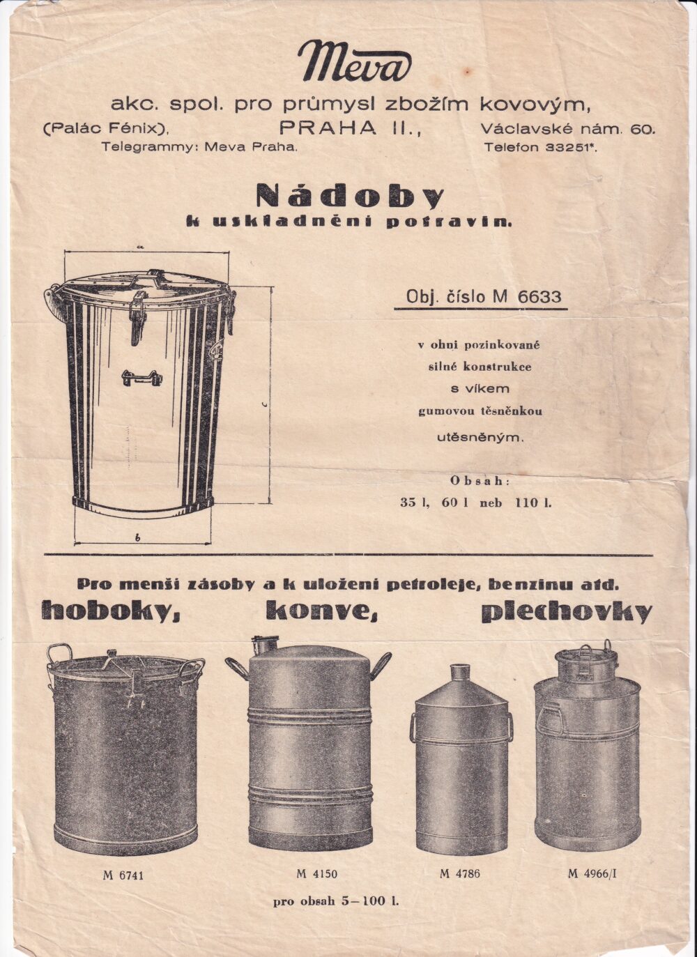 Leták nádoby na potraviny Meva, Praha
