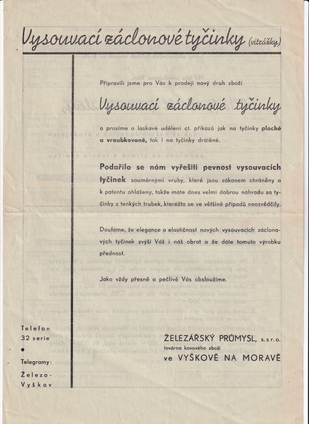 Leták záclonové tyčinky Železářský průmysl Vyškov