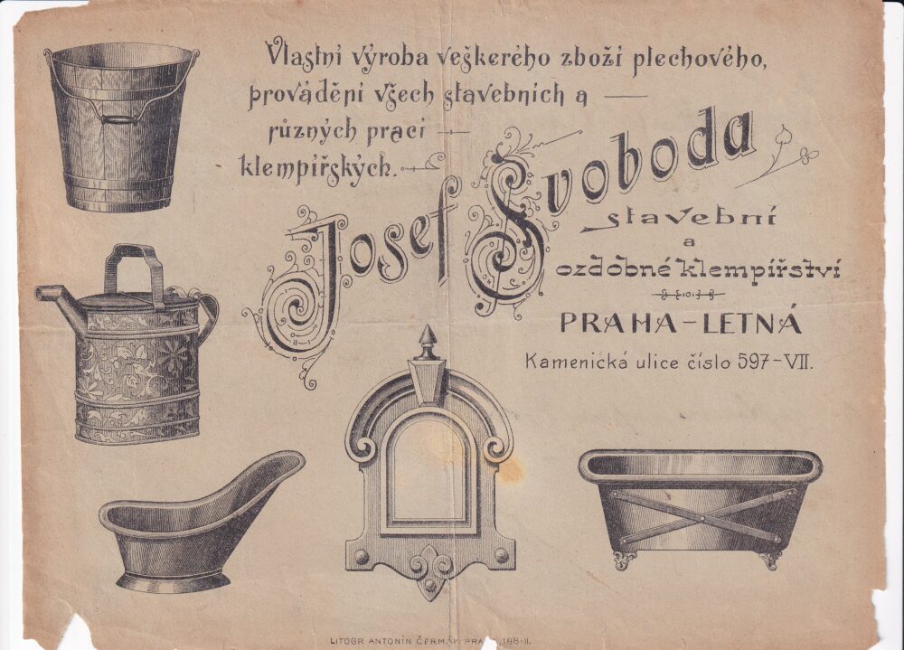 Leták plechové zboží Josef Svoboda, Praha