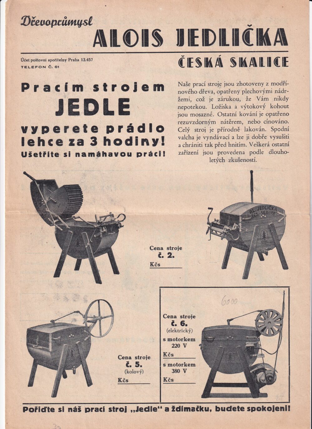 Leták dřevoprůmysl A. Jedlička, Česká Skalice