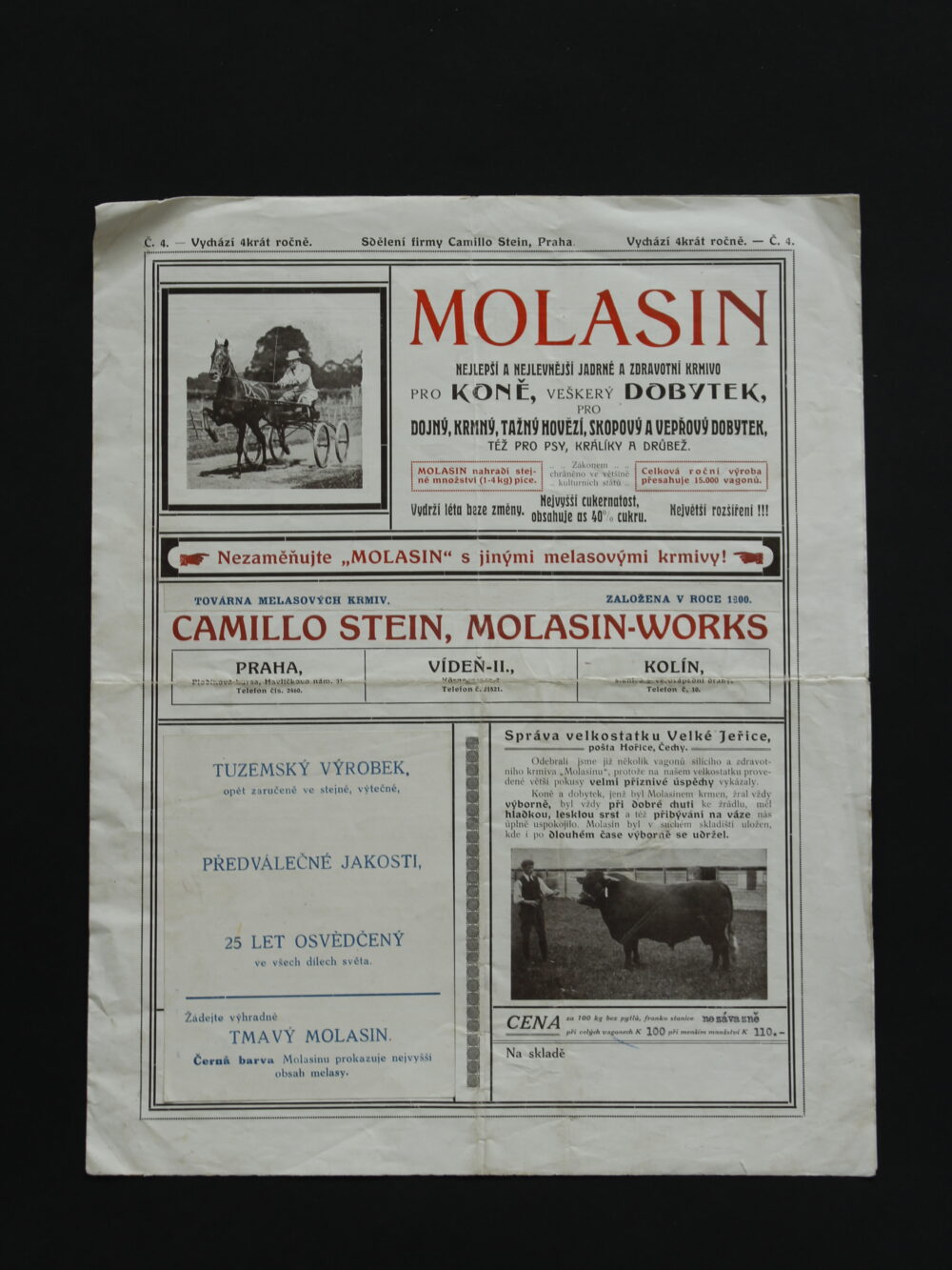 Leták krmivo Molasin, Camillo Stein Praha