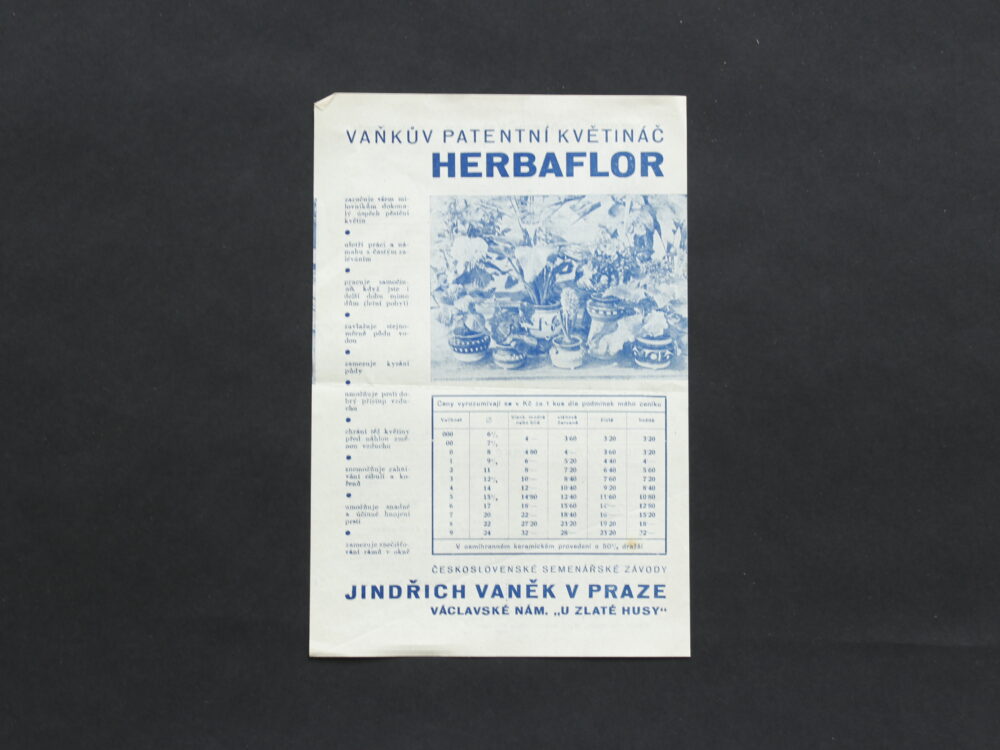 Leták květináč Herbaflor, J. Vaněk Praha
