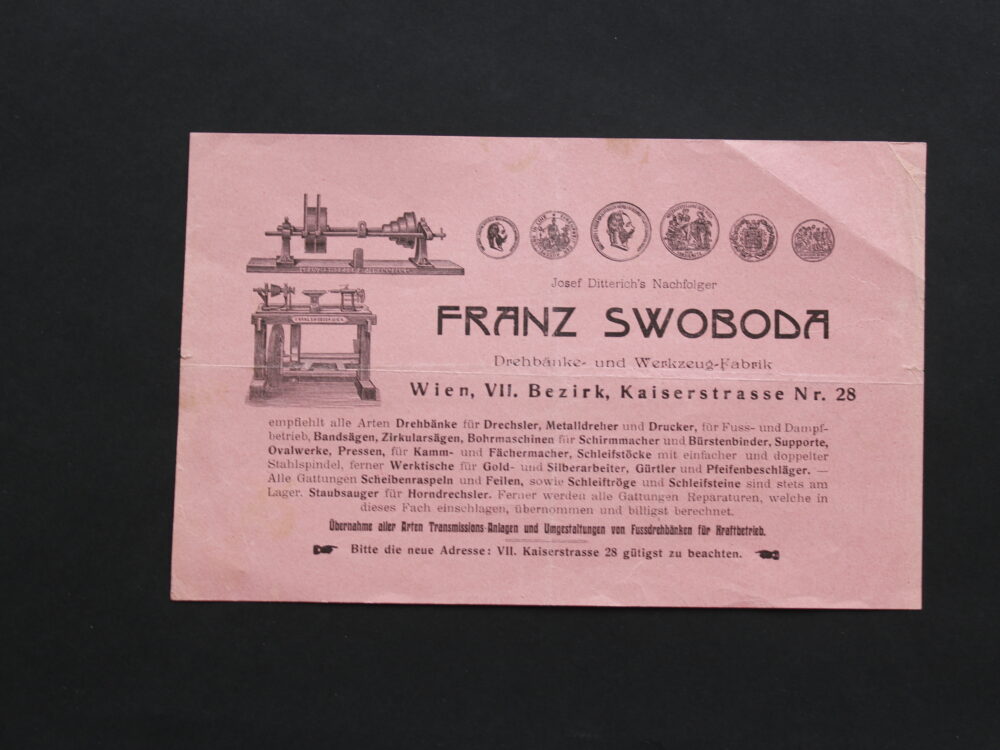 Leták soustruhy Franz Swoboda, Vídeň