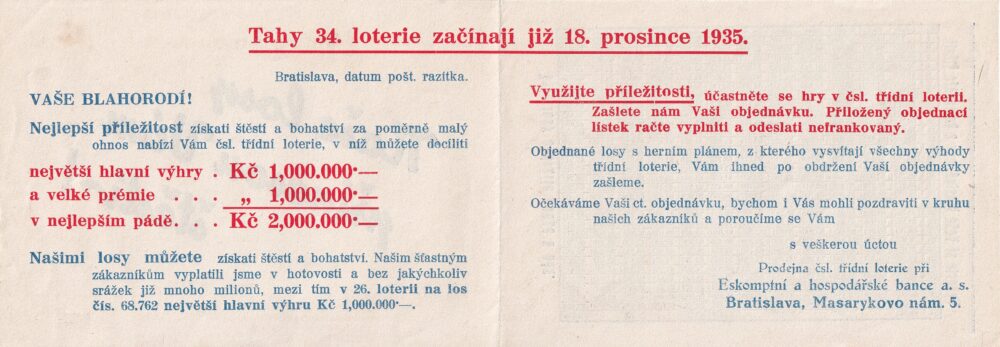 Leták Československá státní loterie, Bratislava