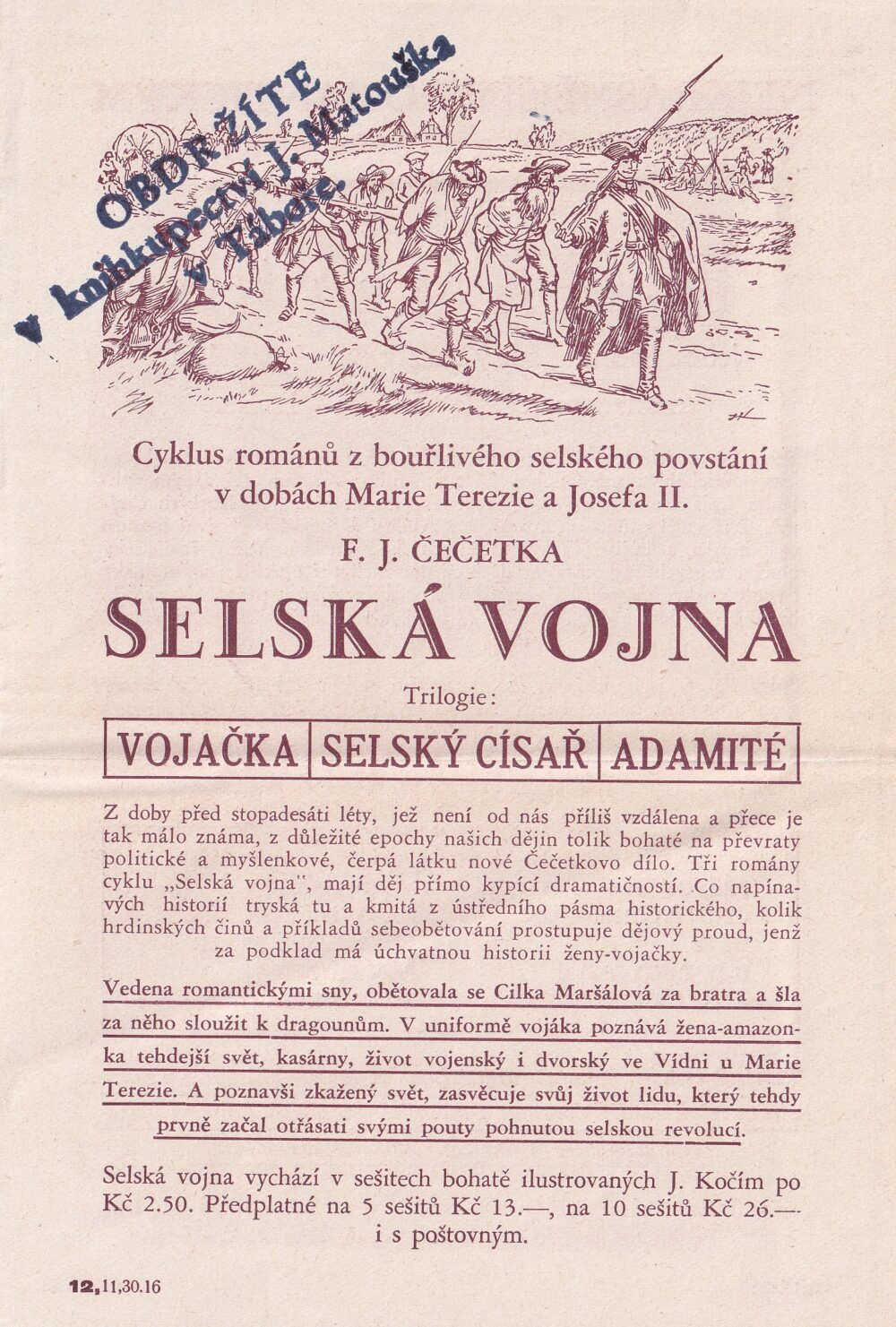 Leták knihkupectví J. Matoušek, Tábor
