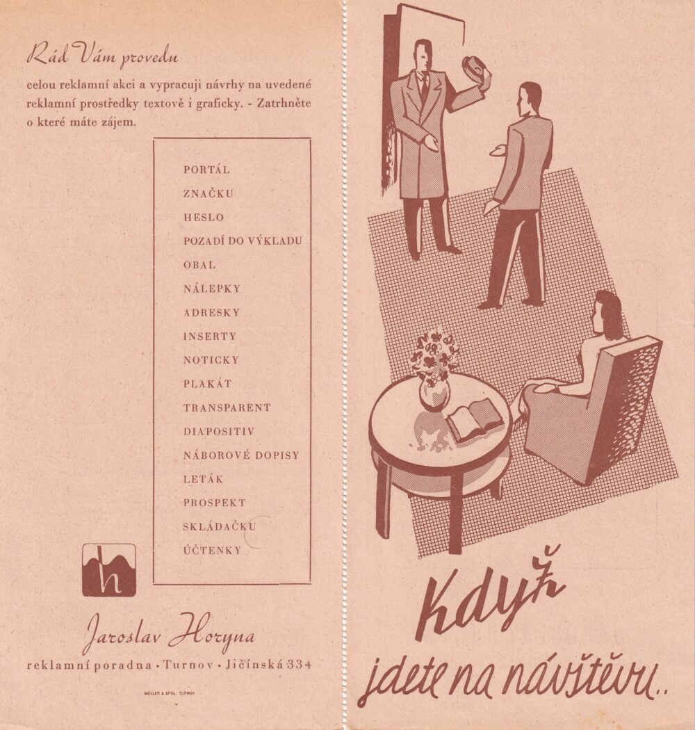 Leták reklamní poradna J. Horyna, Turnov