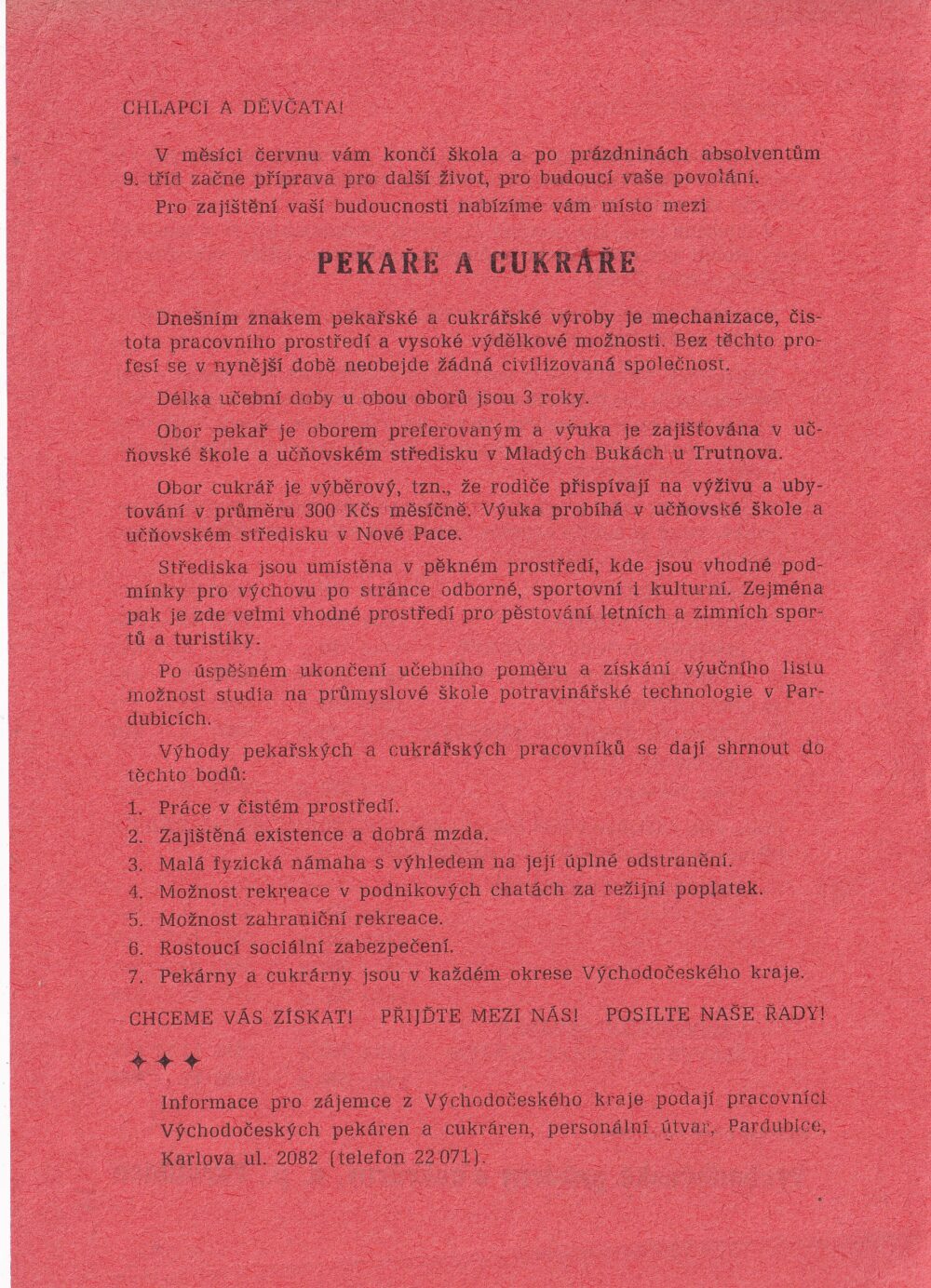 Leták práce Východočeské pekárny Pardubice