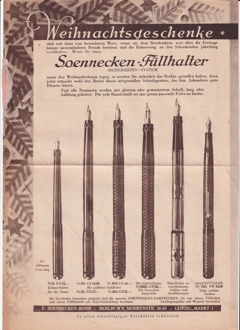 Leták, Reklama na Vánoční dárky, Berlin, pera, násadky