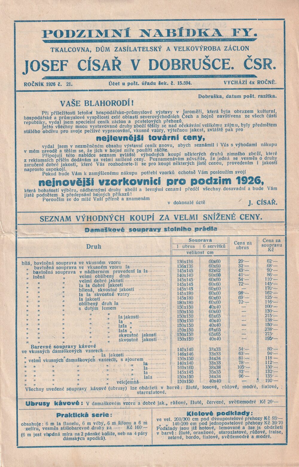 Leták, Tkalcovna, podzimní nabídka, 1926
