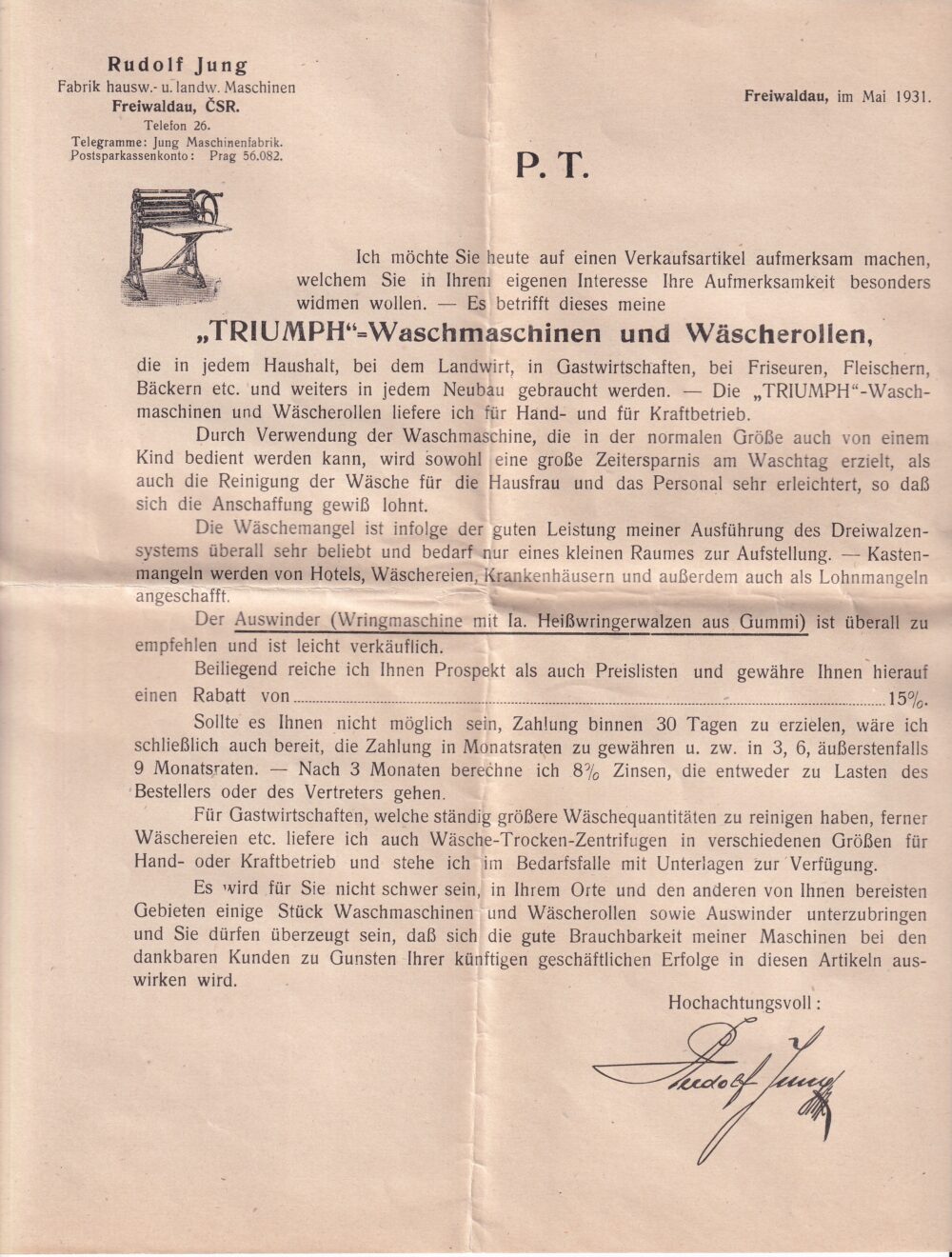 Leták, Pračky a prací válce, Jeseník, 1931