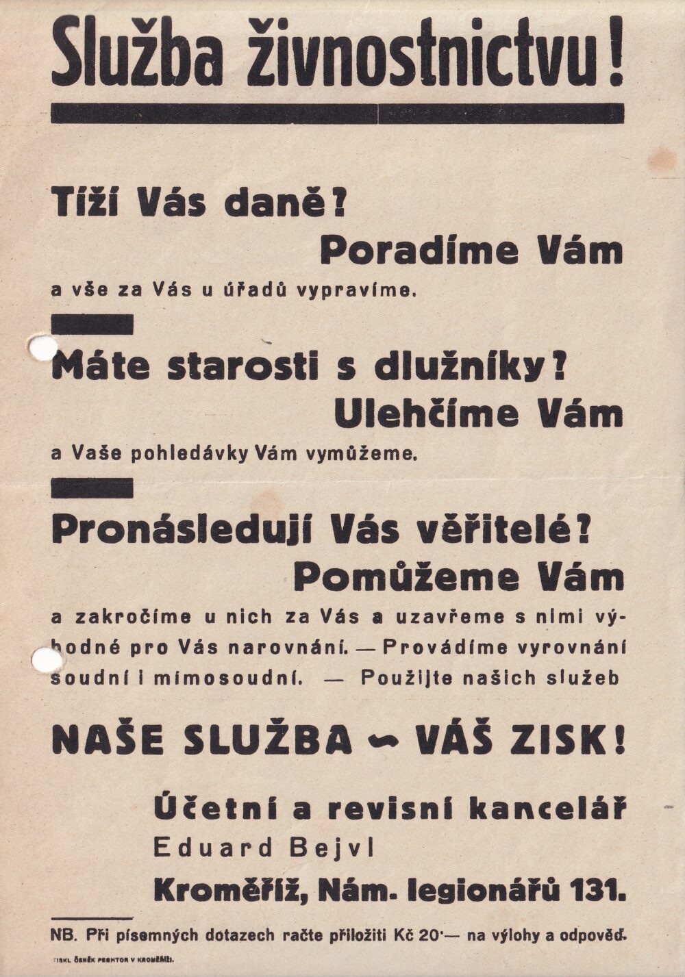 Leták, Služba živnostnictvu, Kroměříž