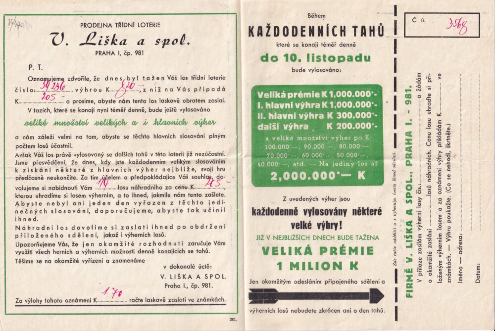 Leták, Prodejna loterie, Veliká prémie 1 mil.