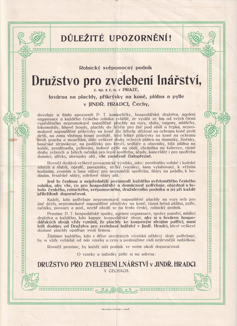 Leták, Družstvo - zvelebení lnářství, J. Hradec