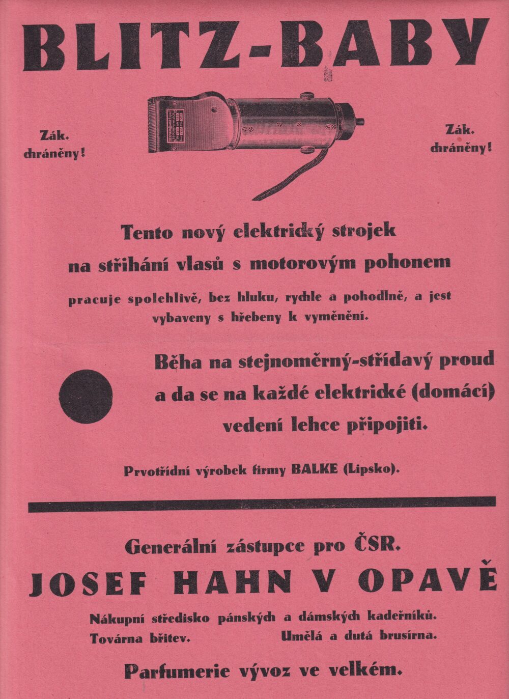 Leták, Elektrický strojek- stříhání vlasů, Blitz-Baby