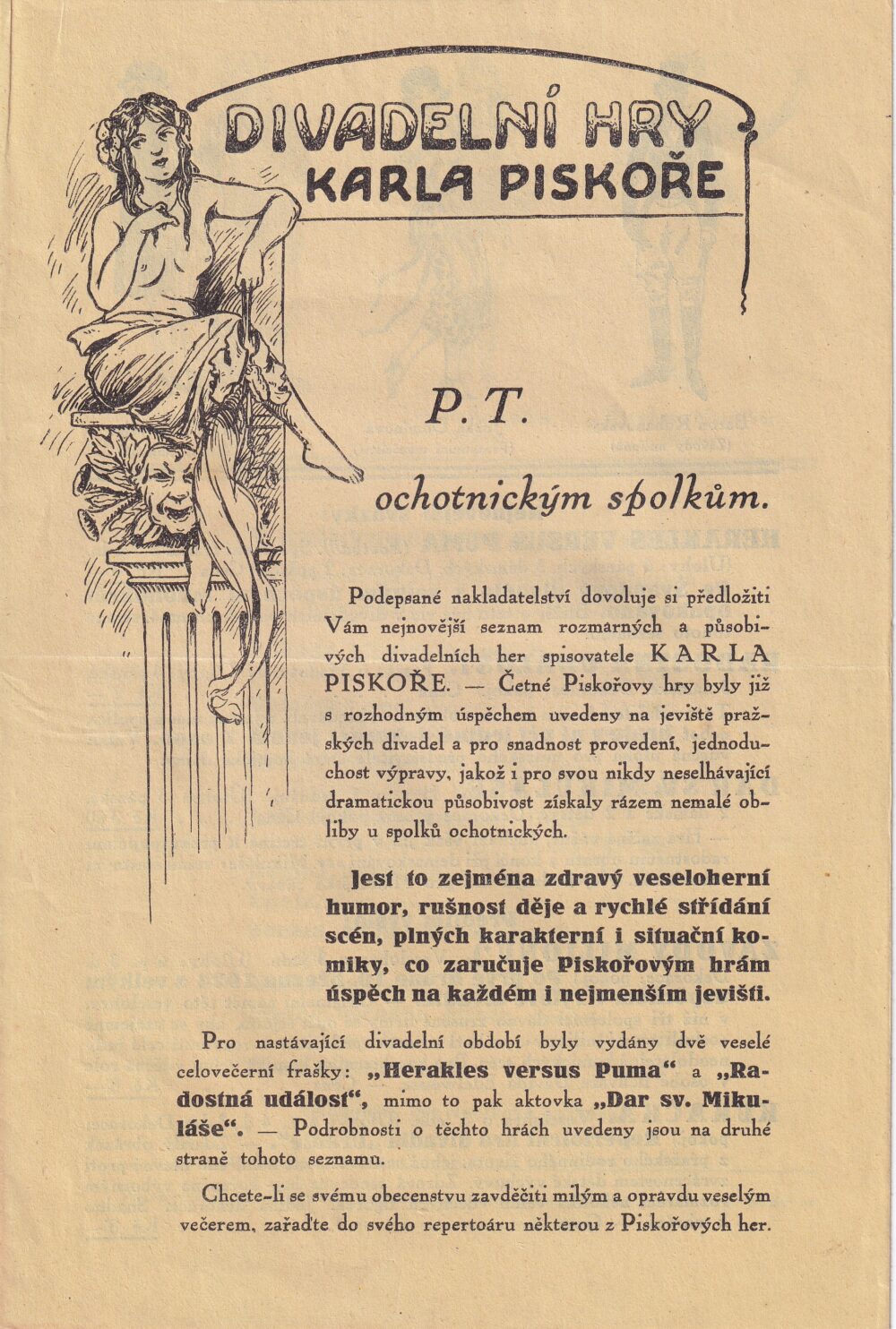 Leták, Divadelní hry Karla Piskoře, Praha