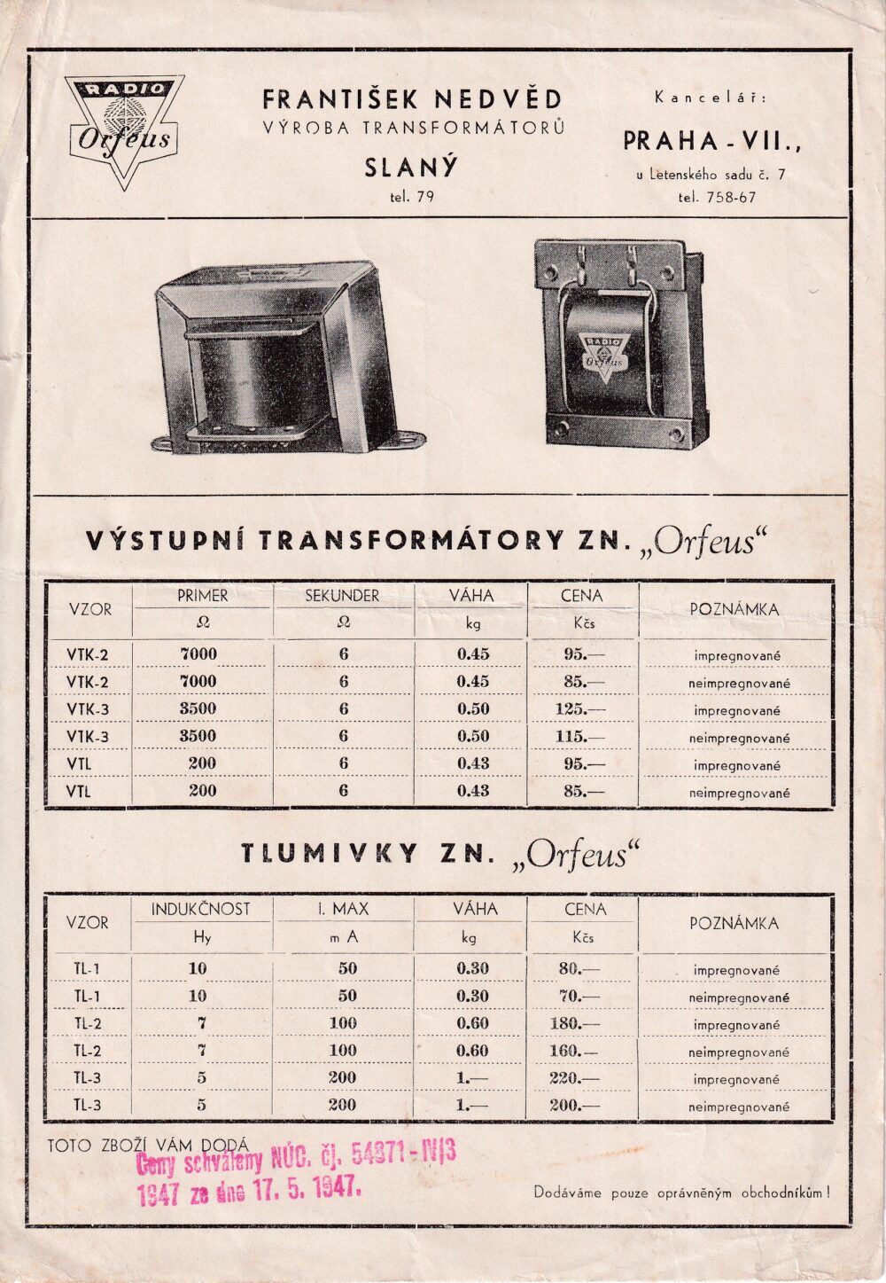 Reklamní leták Radio Orfeus výroba transformátorů, 1947