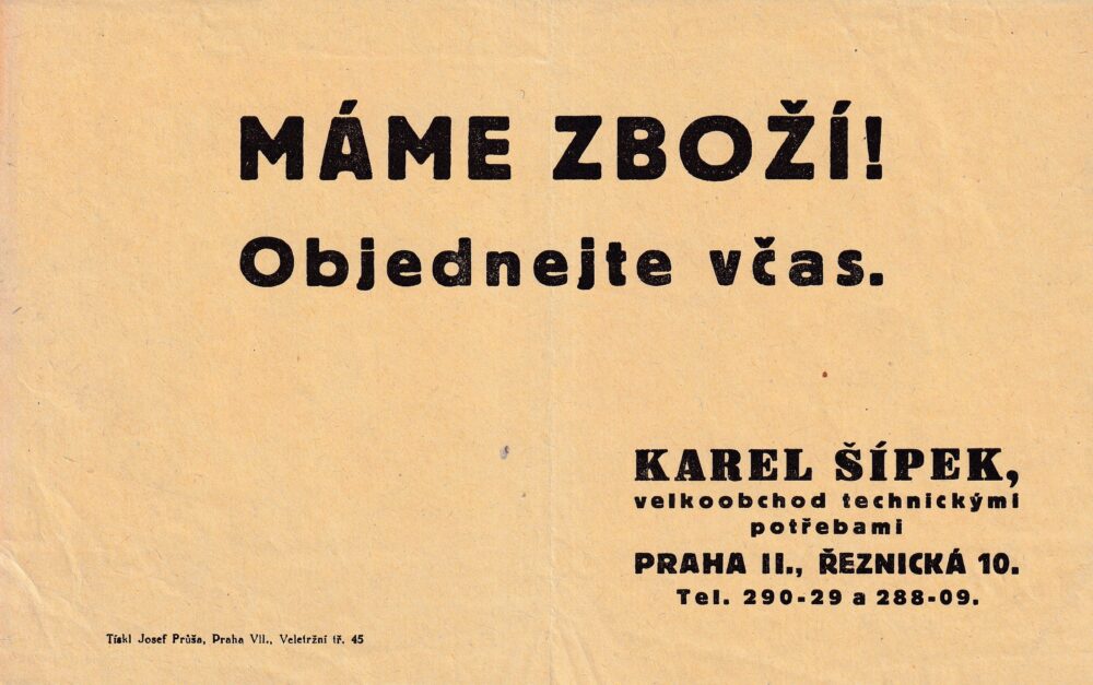 Reklamní leták oznámení o zboží - technické potřeby, Šípek