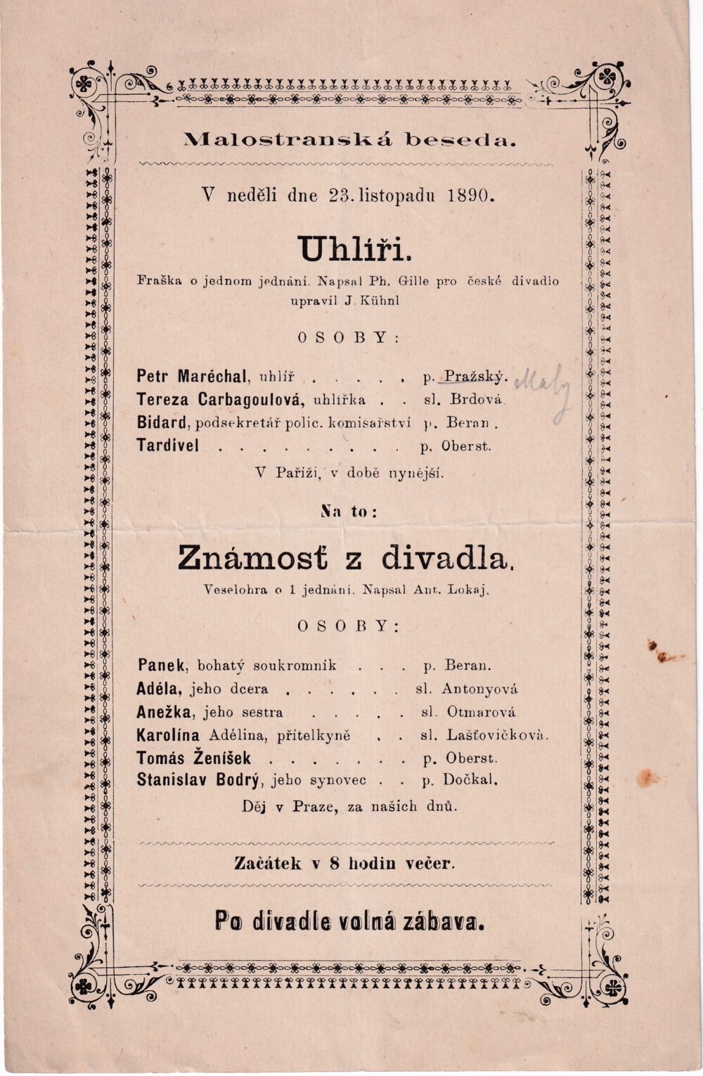 Pozvání do divadla – UHLÍŘI Malostranská beseda r.1890