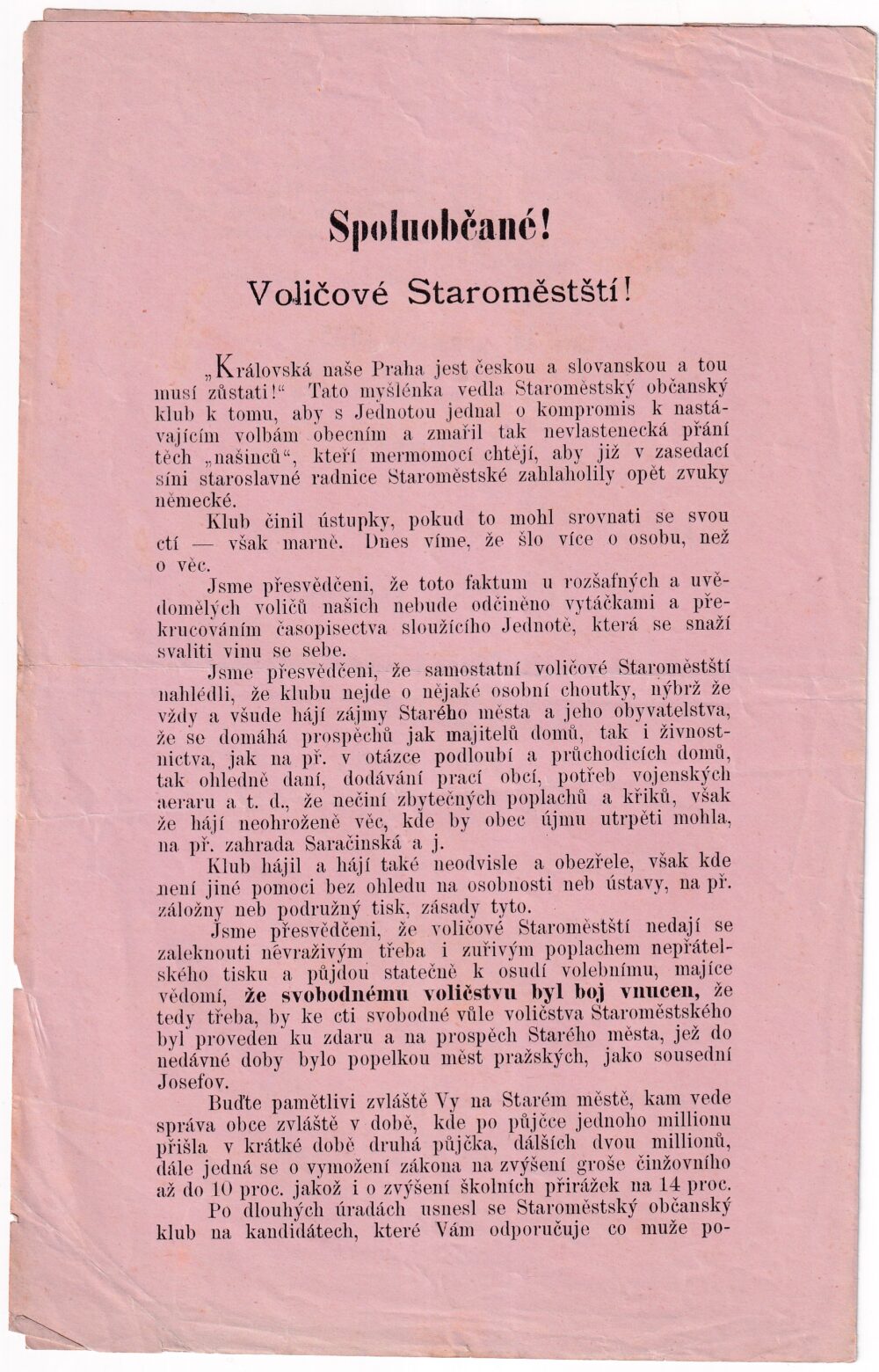Leták Volby, kandidátní listina Praha 25. listopadu 1885