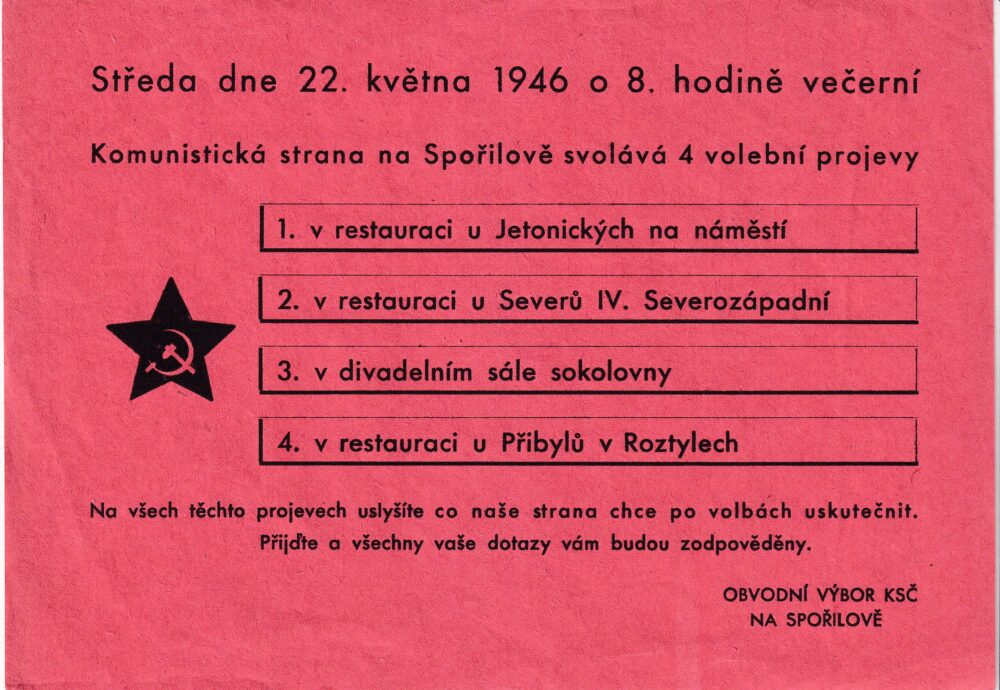 Leták KSČ na Spořilově svolává 4 volební projevy, r.1946