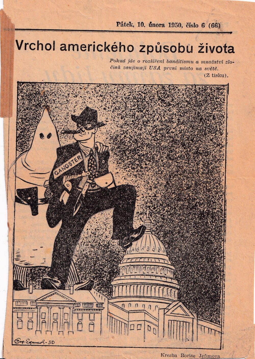 Obrázek z novin, Gangster, kresba Borise Jefimova r.1950