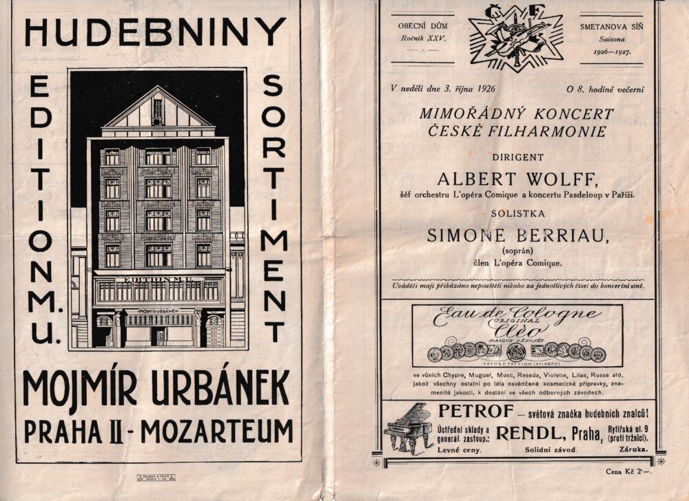 Leták pozvání na koncert, reklamy r.1926 Hudebniny