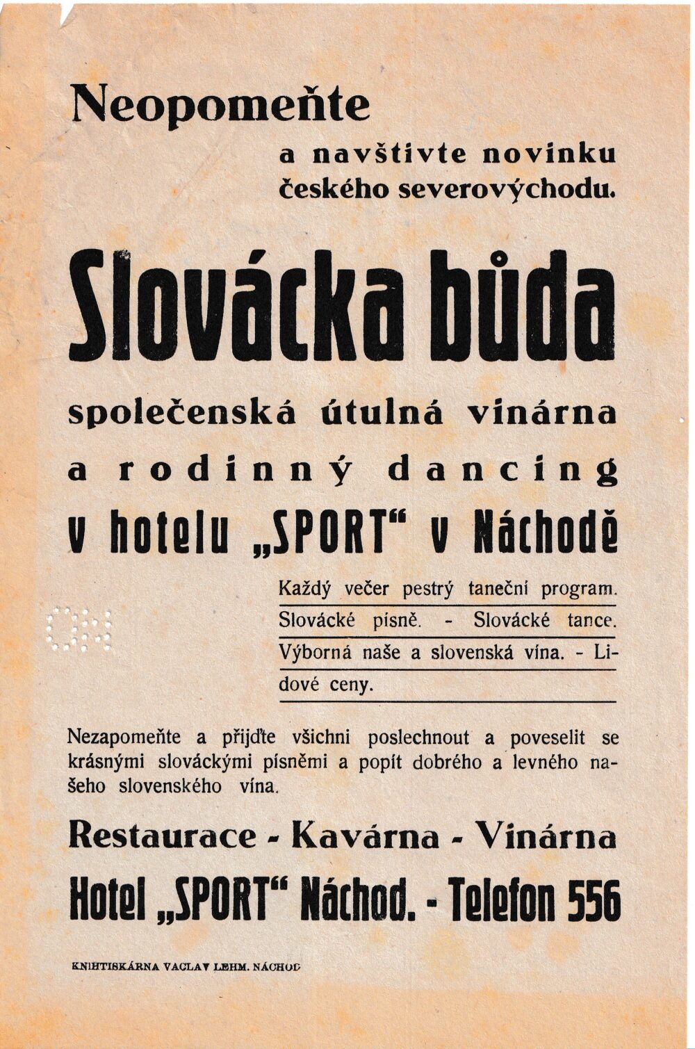 Leták pozvání do vinárny Slovácká bůda, Náchod