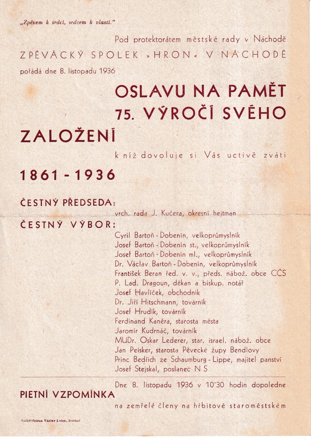 Leták k Oslavě na paměť k výročí založení , Náchod r.1936