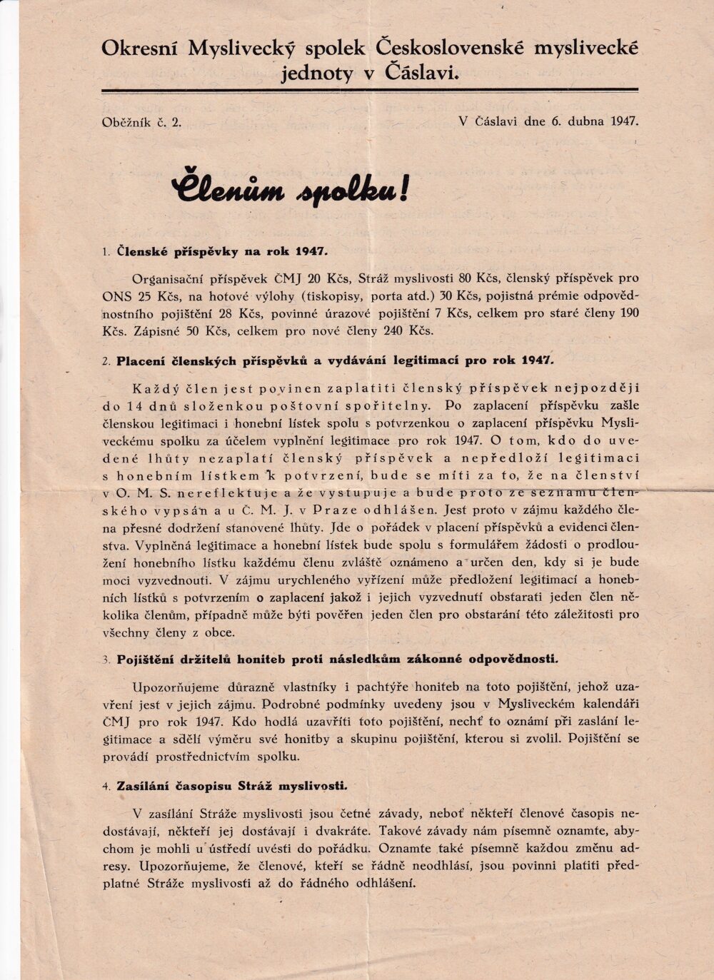 Leták Členům Mysliveckému spolku! Čáslav r.1947