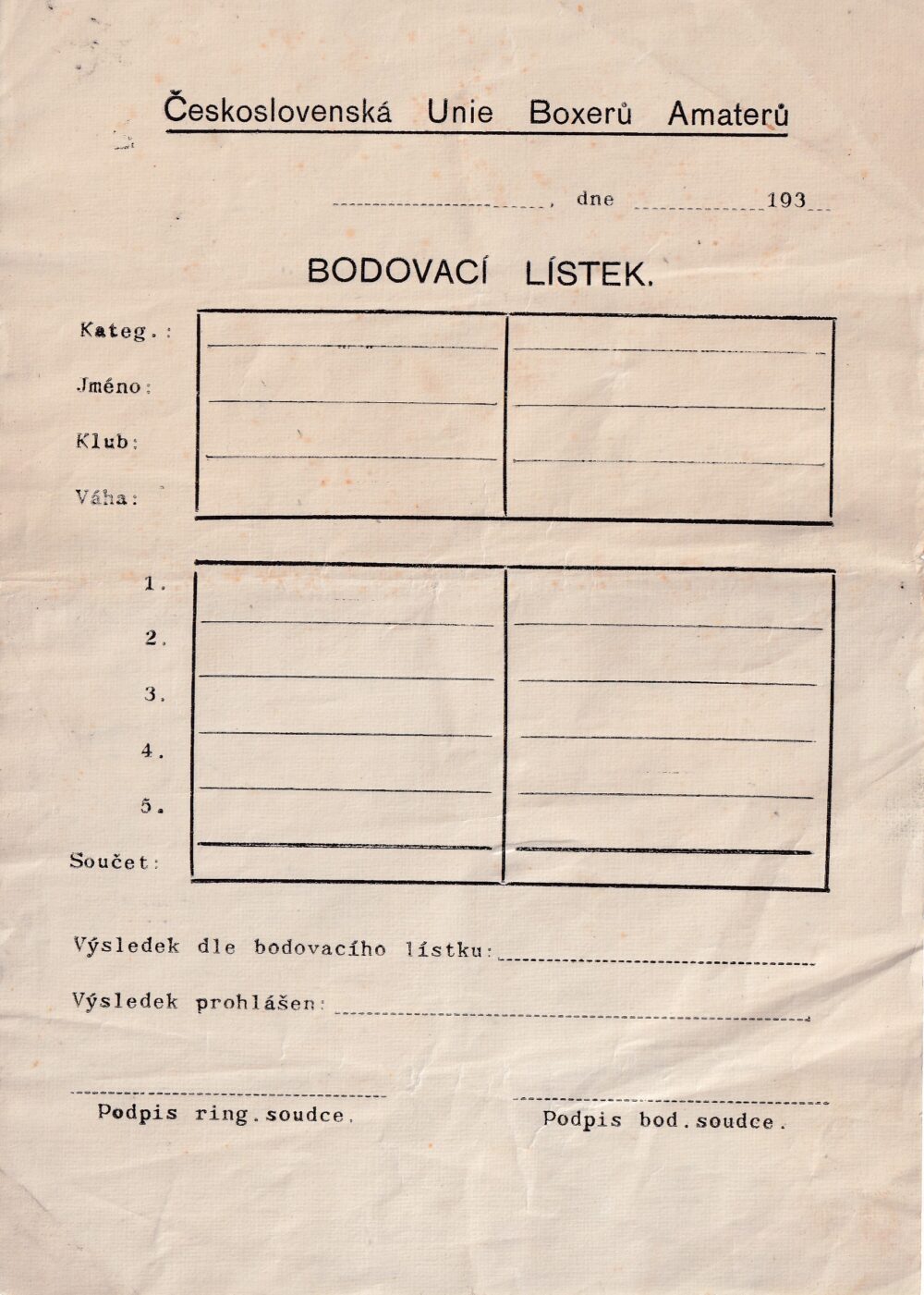 Československá Unie Boxerů Amaterů, Bodovací lístek
