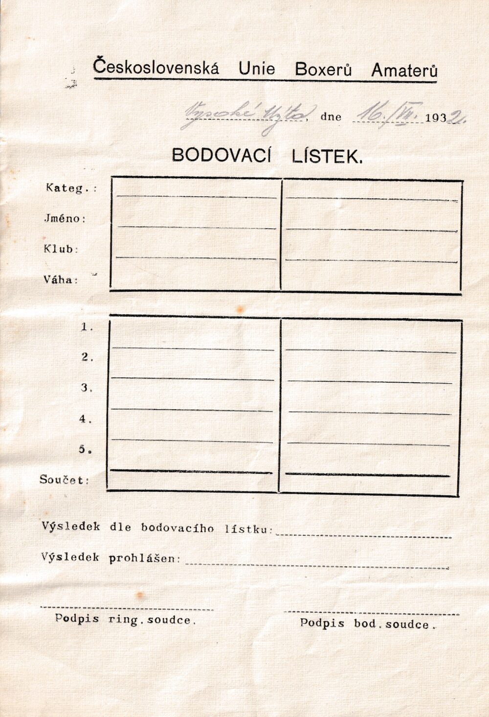 Československá Unie Boxerů Amaterů, Bodovací lístek 1932