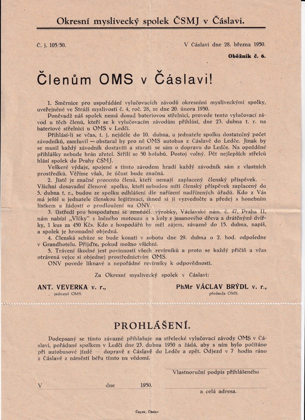 Leták Členům Mysliveckému spolku!Prohlášení Čáslav 1950