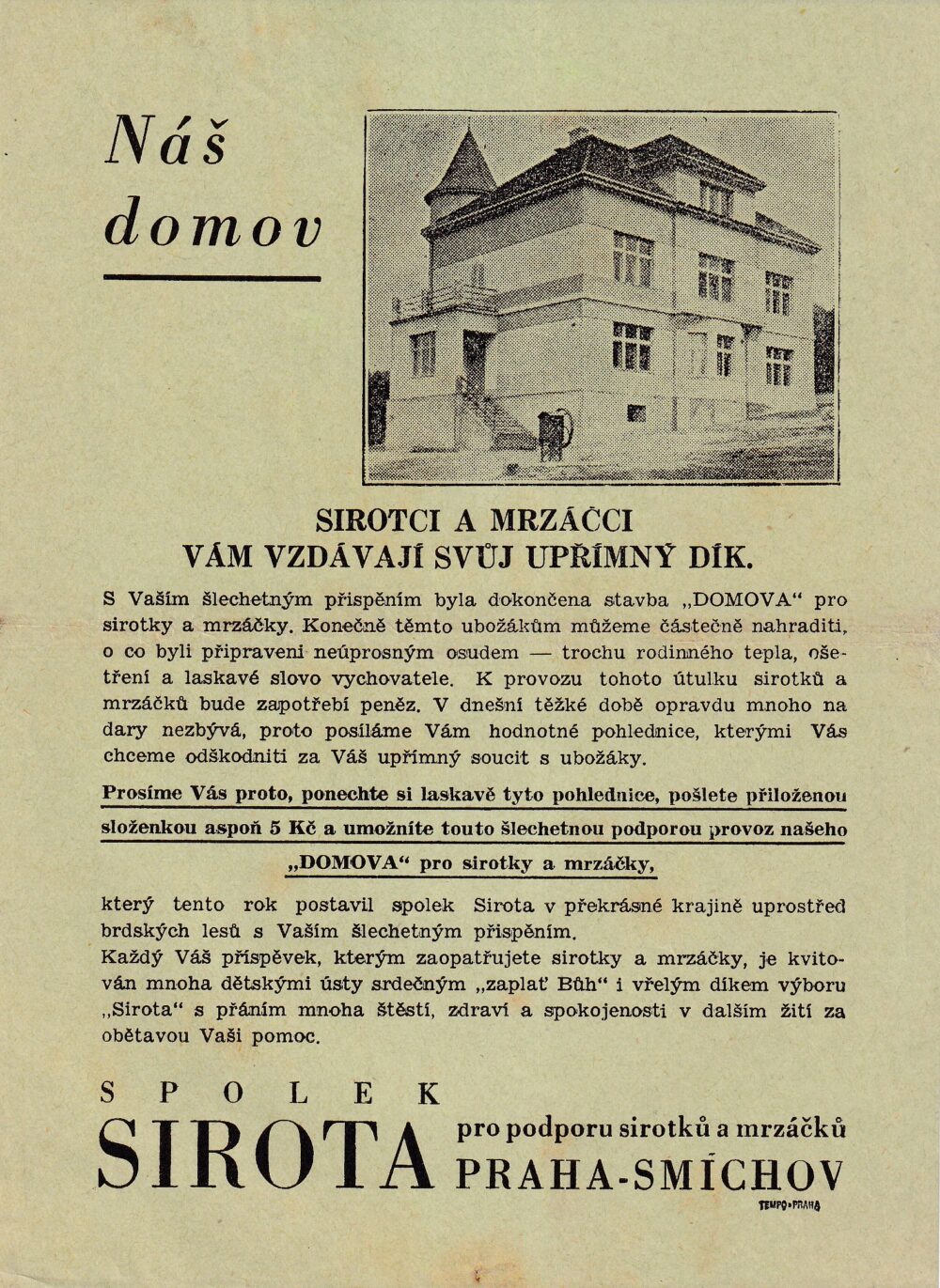 Leták Spolek SIROTA pro podporu sirotků a mrzáčků