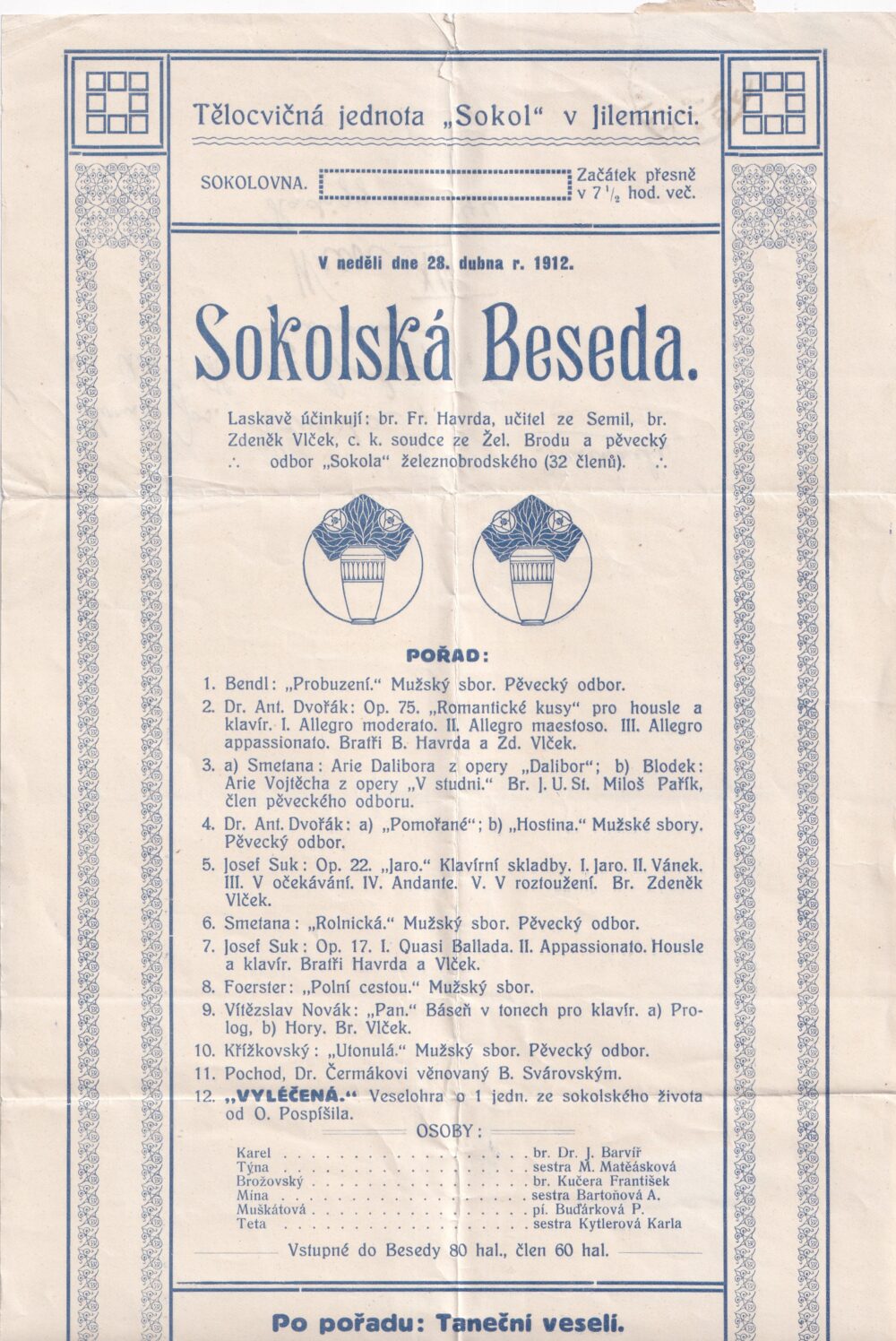 Plakát pozvání na pořad Sokolská Beseda, Jilemnice r.1912