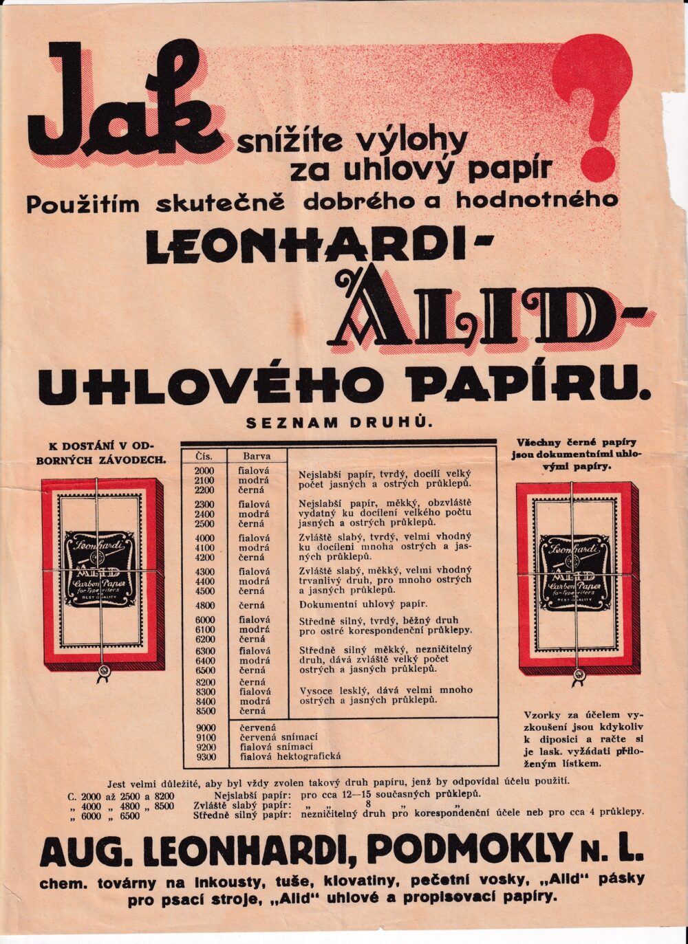 Leták Uhlový papír – Leonhardi-Alid 1.pol.20.stol.