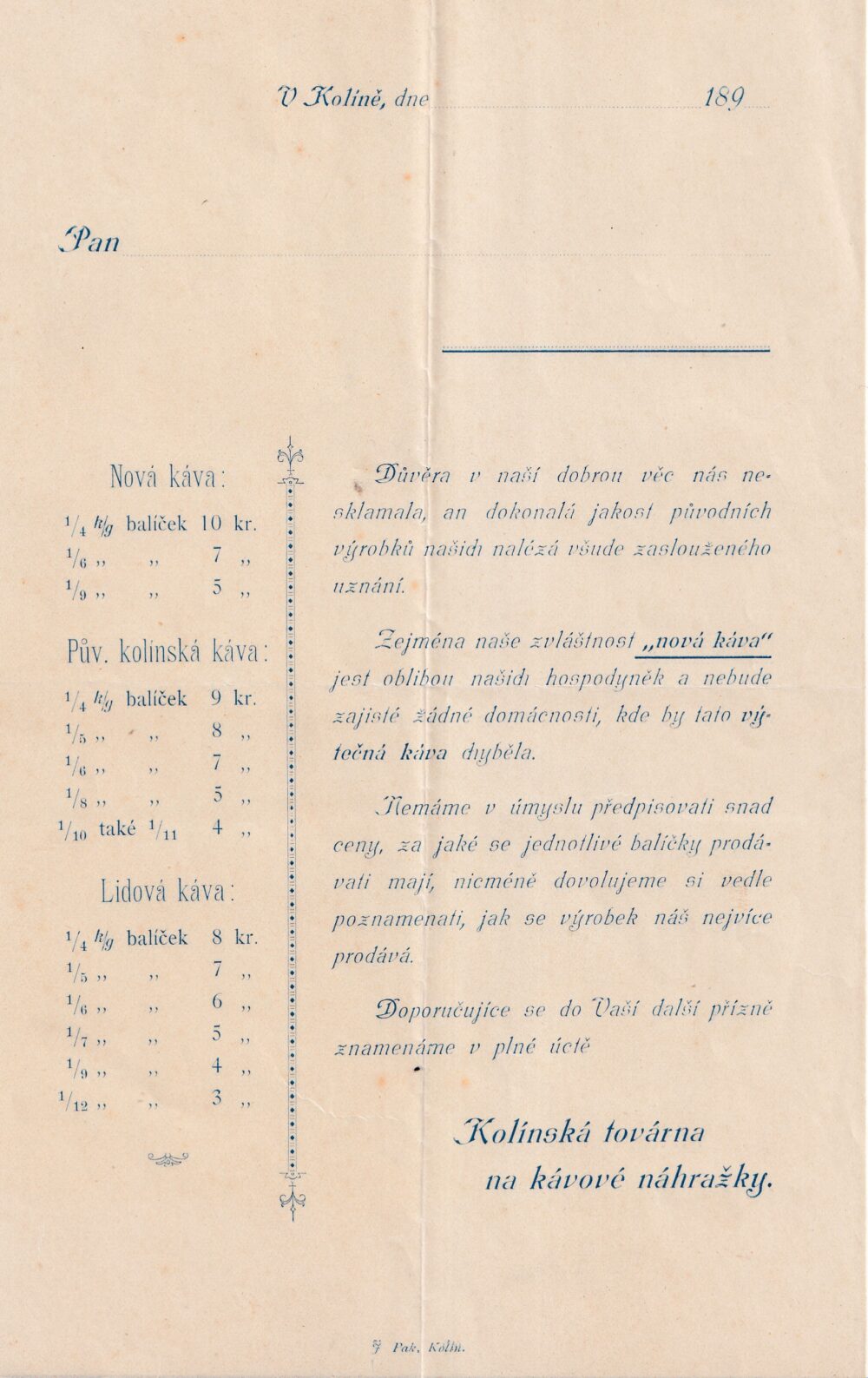 Leták nabídky kávy, Kolínská továrna 1.pol.20.stol.