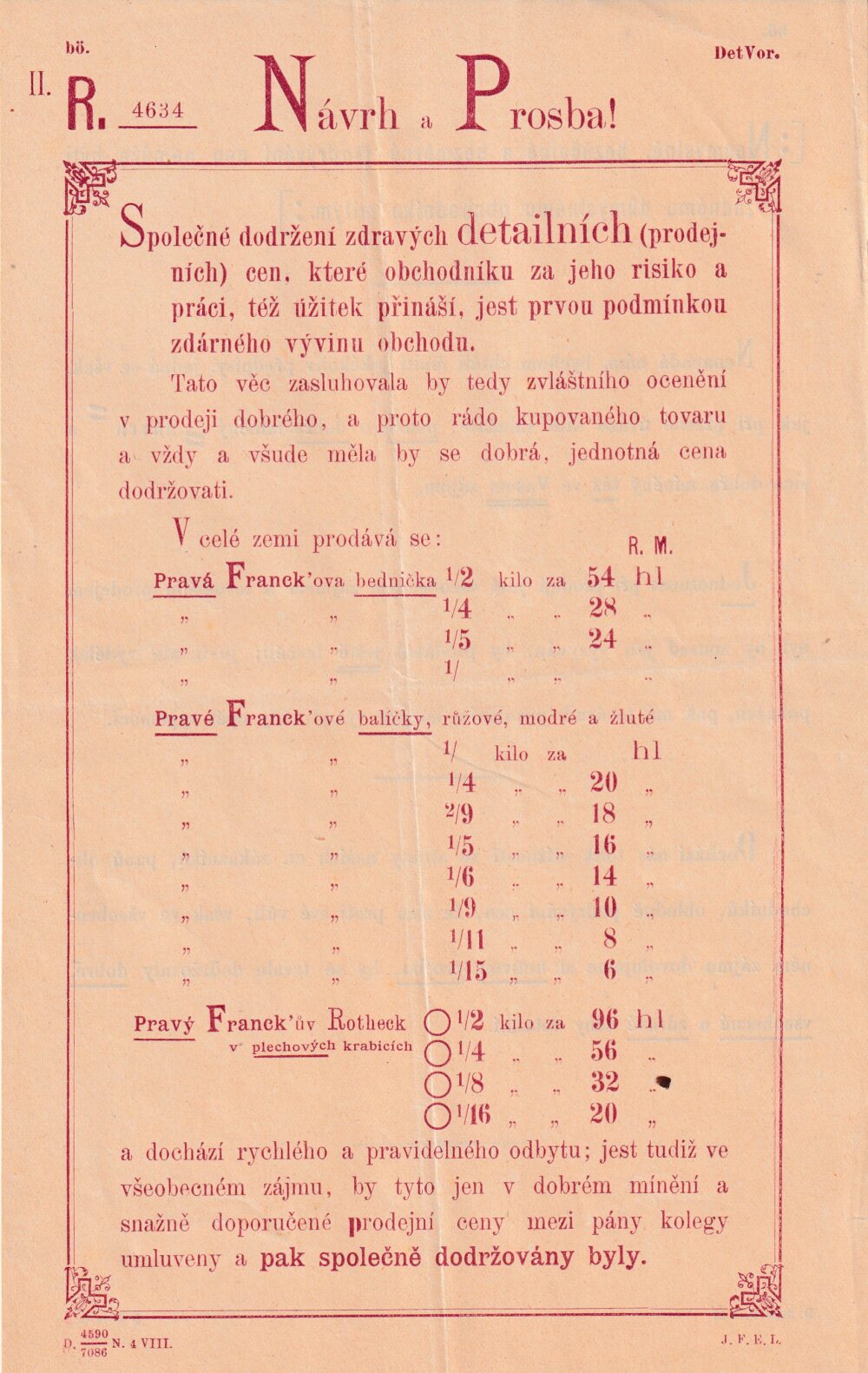 Leták Návrh a Prosba!dodržování prodejních cen, Franck