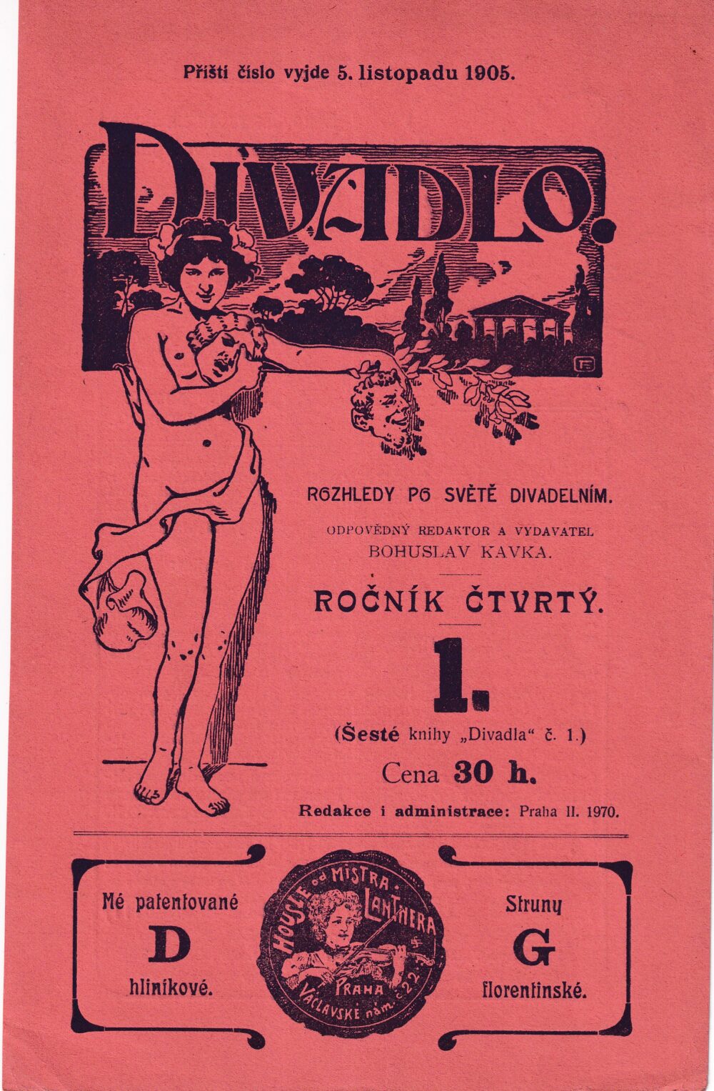 Reklama na knihu Divadlo a týdeník Zlatá Praha r.1905