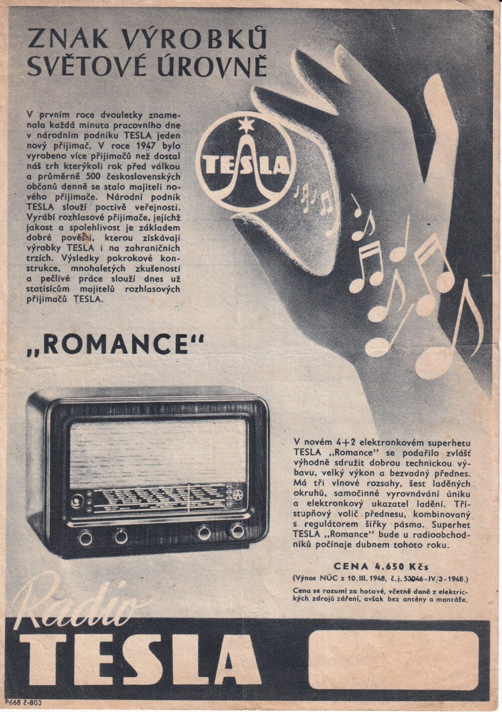 Reklamní leták Tesla rozhlasový přijímač Romance 1947
