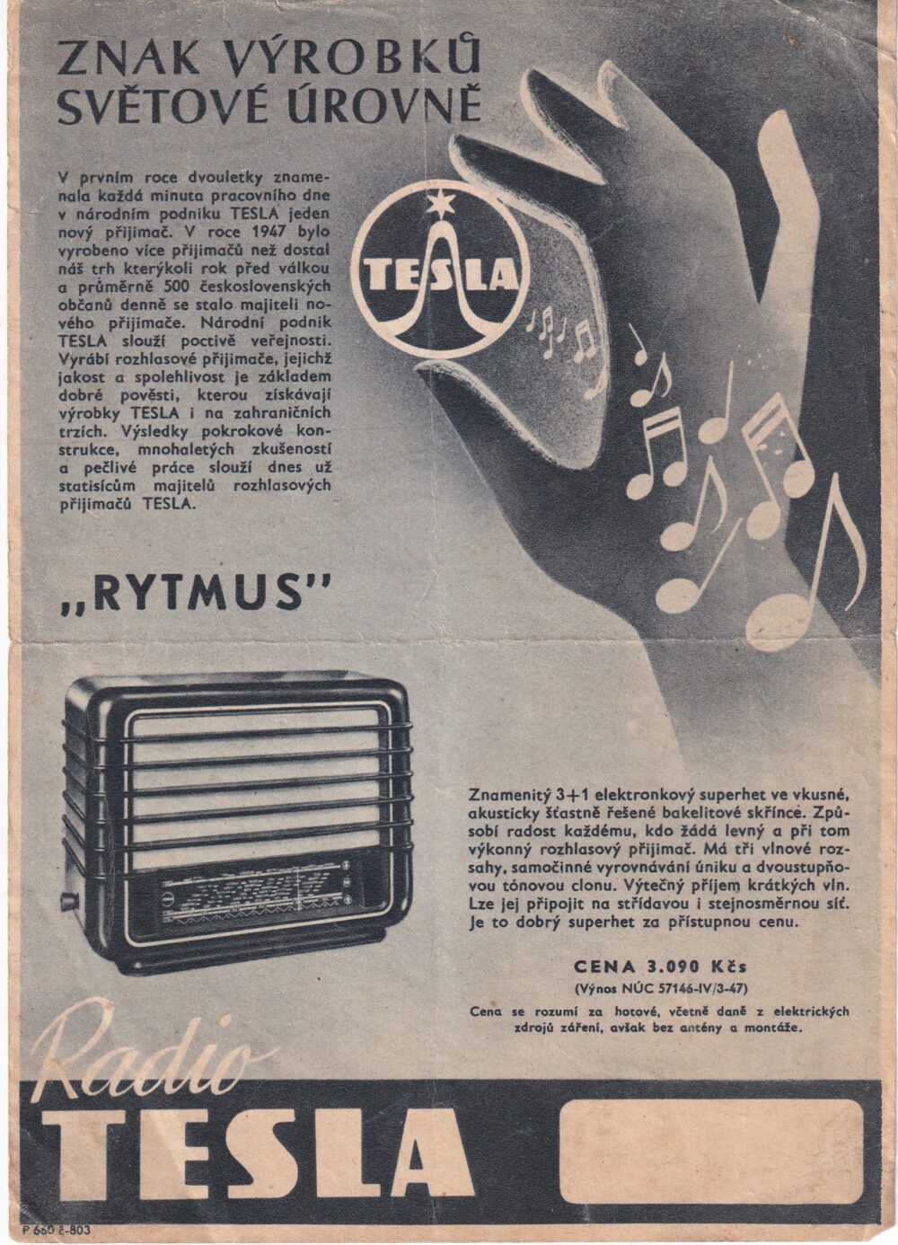Reklamní leták Tesla rozhlasový přijímač Rytmus 1947
